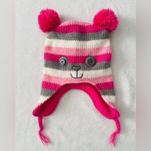 1989 Place Girl Winter Hat 4-7 Gray Pink White Ear Flap Poms Knit